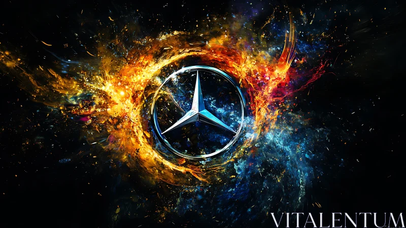 Shimmering silver emblem glowing in swirling cosmic color.