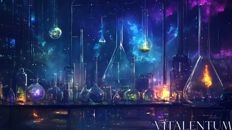 Nebula Lab Glassware Over City of Starlit Chemical Dreams.