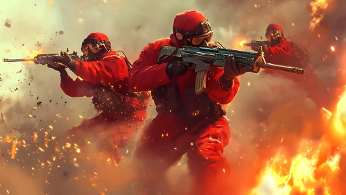 Armed Personnel in Red Tactical Gear Amid Combat Scenario.