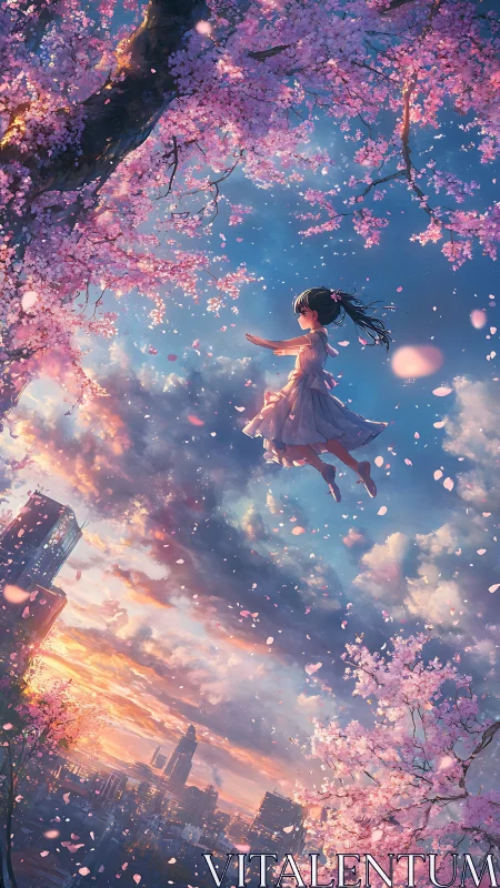Girl drifting through sakura skies above dreaming cityscape.