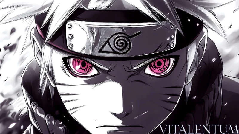 Intense anime ninja portrait with glowing crimson eyes.