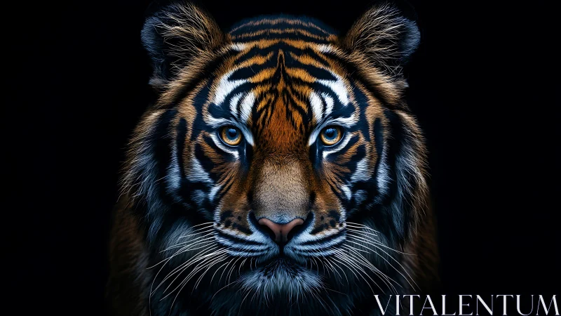 Front view of detailed tiger portrait on dark background.