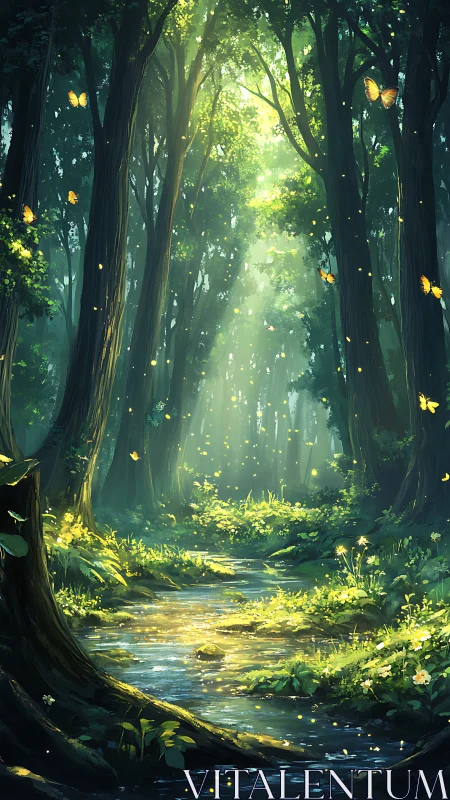 Enchanted Forest Stream with Golden Butterflies.