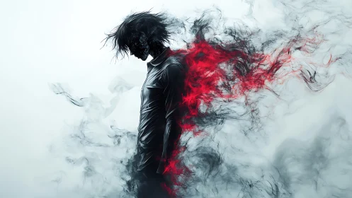 Solitary dark figure dissolves into red and black smoke