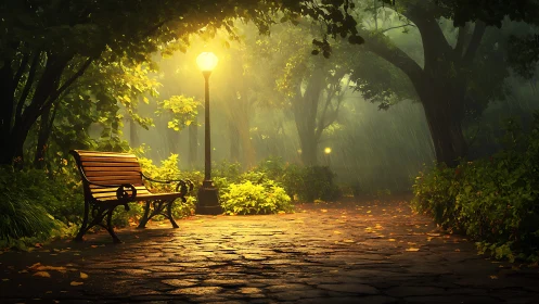 Rainlit park bench under warm lamplight in misty garden.