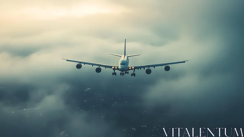 Jet airliner descending through stormy teal-tinted clouds.