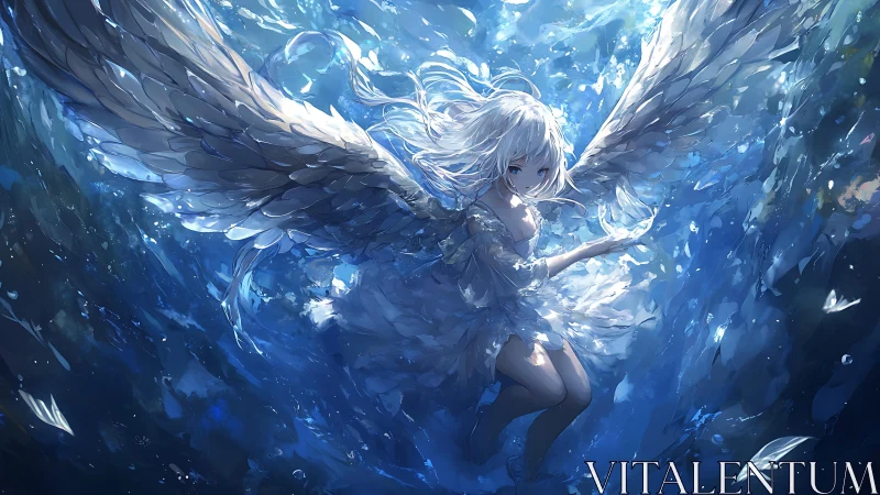 Submerged winged girl in luminous blue underwater vortex