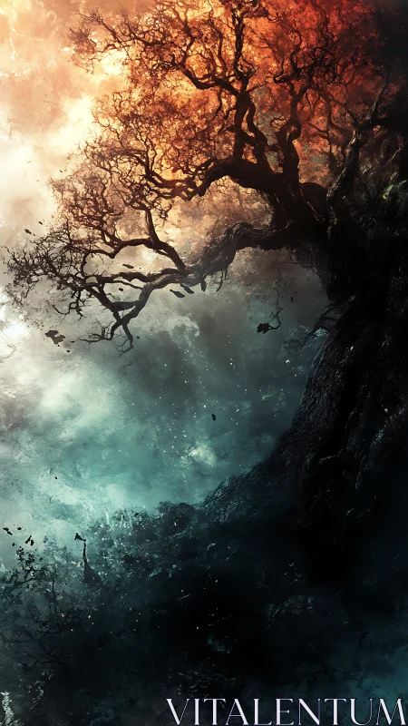 Twisted tree silhouette with contrasting fiery and cool sky.