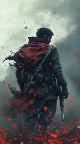 Back view of armed figure in red cloak amid drifting embers