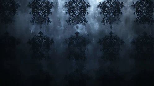 Ornate damask silhouettes on moody misted backdrop.
