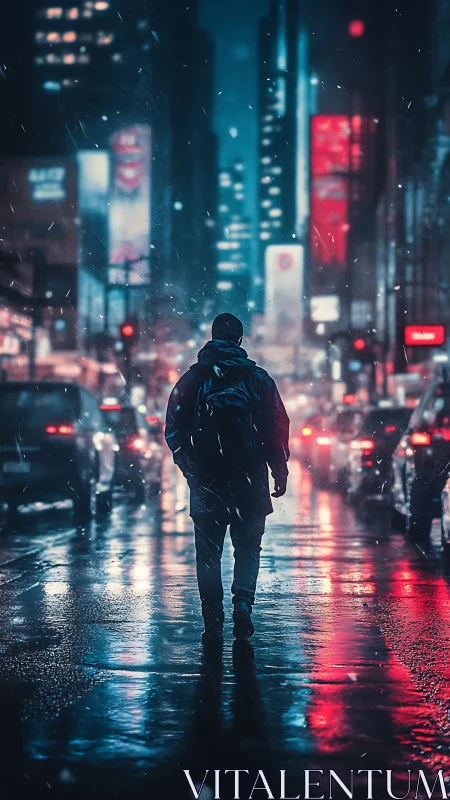 Figure walks on wet city street amid illuminated traffic lanes