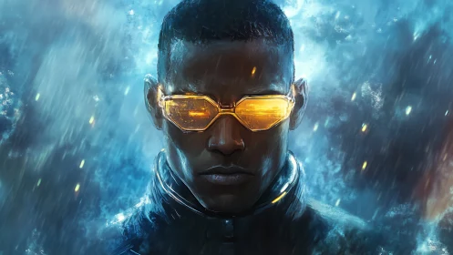 Cybernetic sentinel with luminous visor in kinetic stormfield.