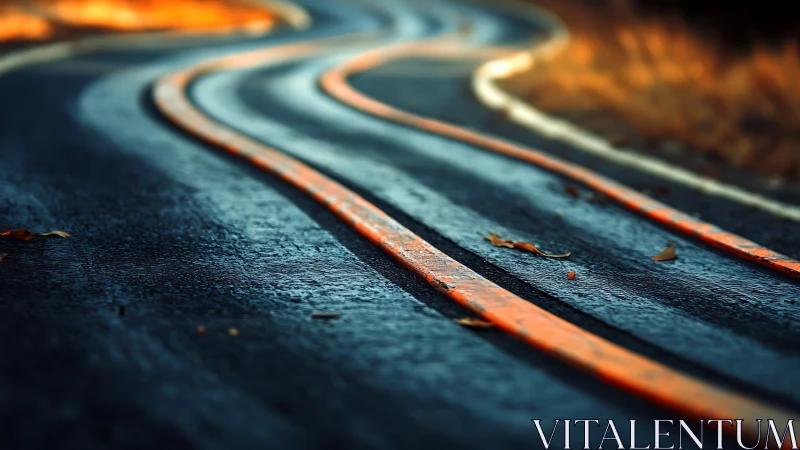 Curved wet asphalt road with glowing orange divider lines.