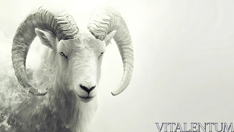 White mountain ram portrait merges with abstract misted ground
