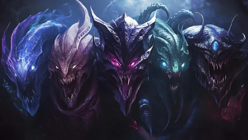 Five spectral dragon lords emerging from abyssal void.