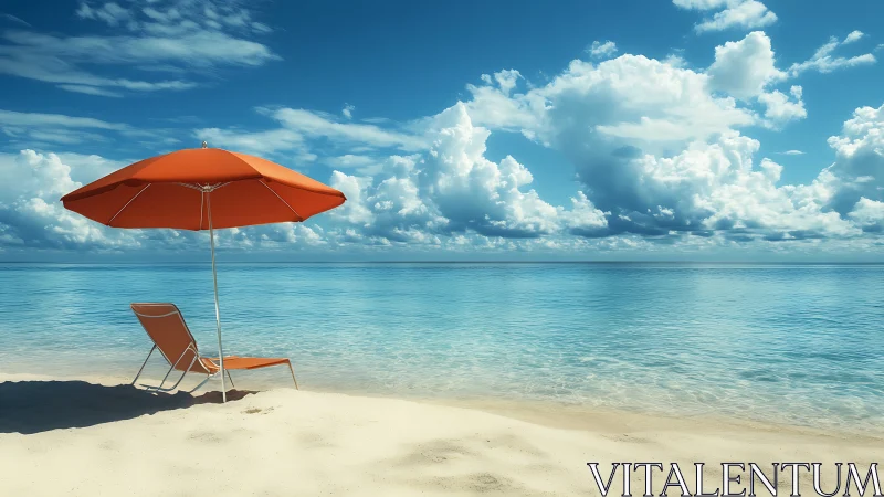 Orange umbrella frames tranquil turquoise shoreline scene.