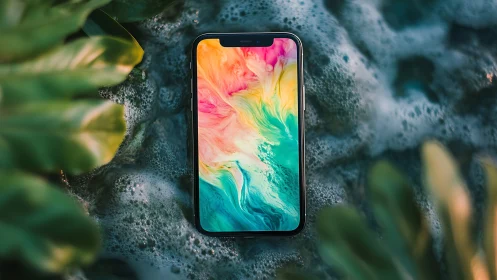 Vibrant Watercolor Phone Resting on Natural Stone Texture.