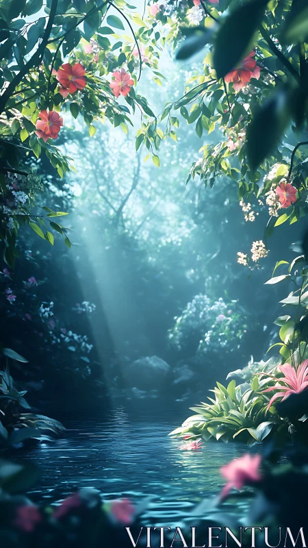 Enchanted jungle pool glows in soft morning light.