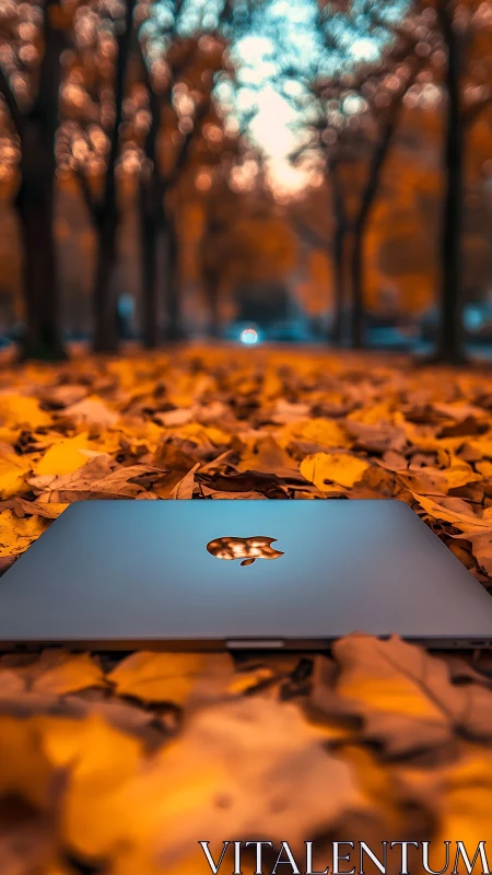Closed laptop rests on autumn leaves in shallow depth of field