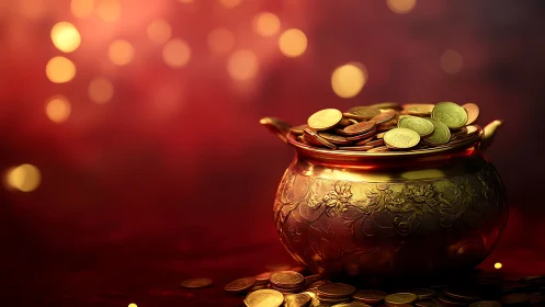 Gilded wish-pot spilling coins in a warm ember glow.