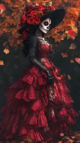 Crimson Catrina drifting through autumn&rsquo;s quiet ember storm.