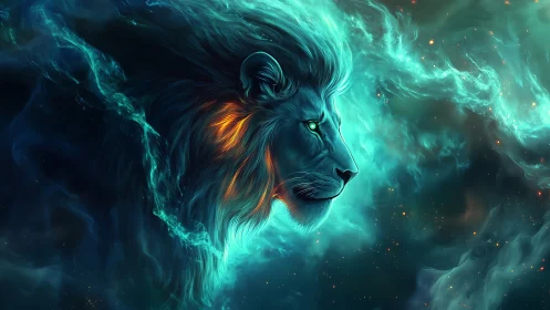 Celestial lion spirit glowing softly in a dreamy cosmic sky.