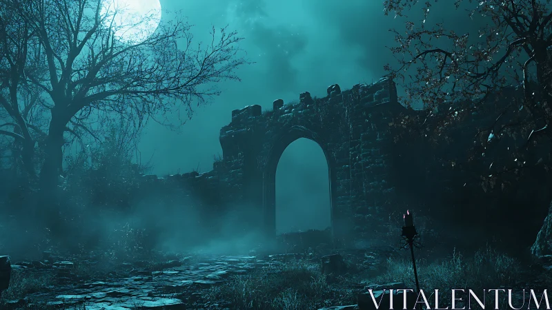 Moonlit ruins inhale fog as a ghost road slips through