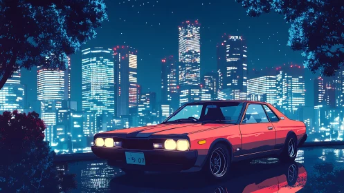 Red retro coupe parked before neon blue city skyline.