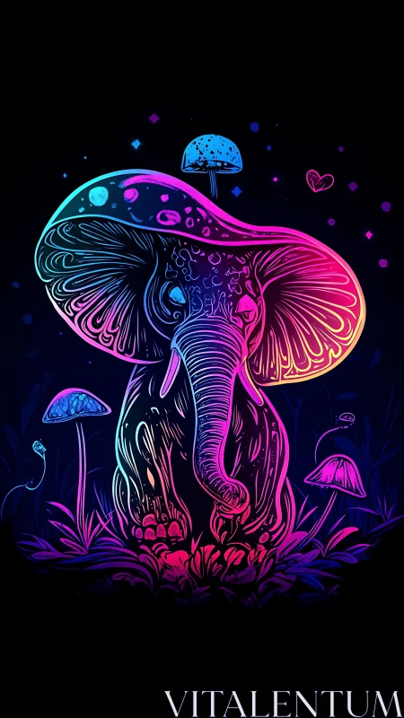 Neon elephant with mushroom cap in glowing fantasy forest.