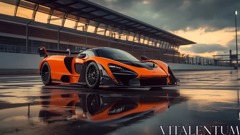 Orange track-focused sports car stands on wet racing circuit