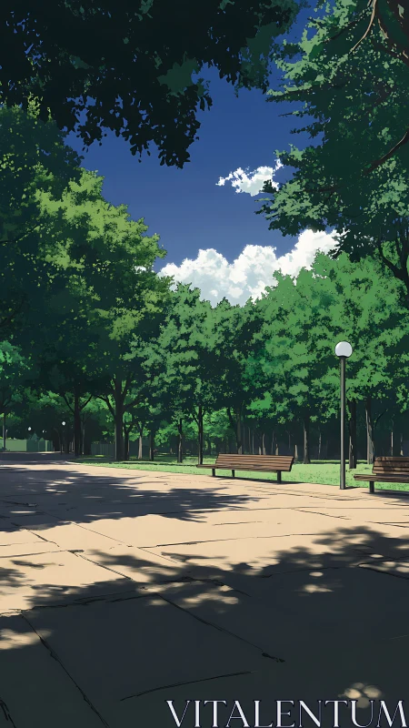 Sunlit urban park path with hard-edged cel-shaded foliage.