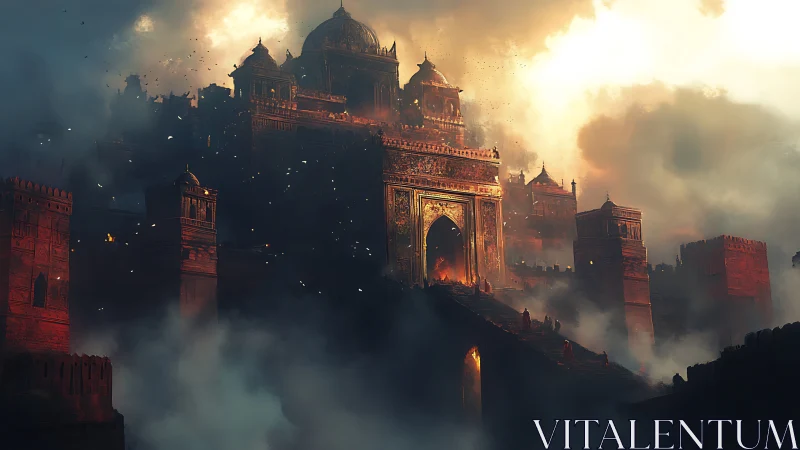 Burning imperial fortress rises through smoke and firestorm.