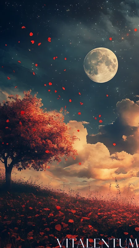 Moonlight coaxes crimson petals into a slow celestial drift
