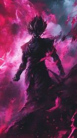 Anime warrior emerges through neon magenta energy storm.