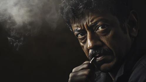 Thoughtful man in smoky light sharing a quiet, intense gaze.