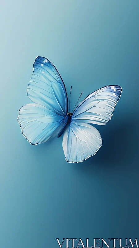 Iridescent blue butterfly on teal gradient minimalist backdrop.
