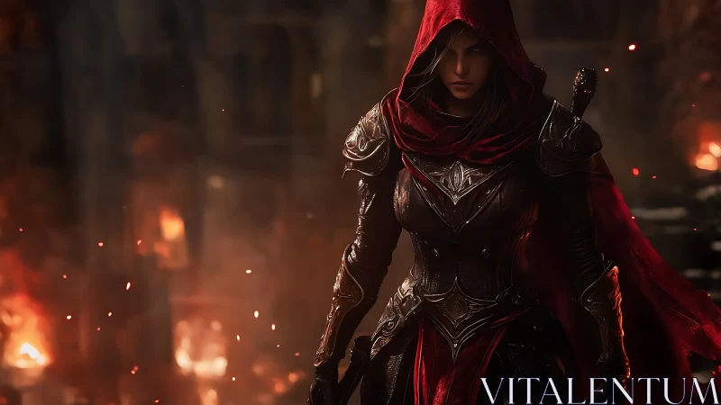 Armored rogue in red cloak advances through ember-lit ruins