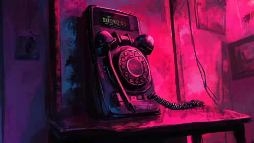 Rotary payphone under neon pink and blue lighting.