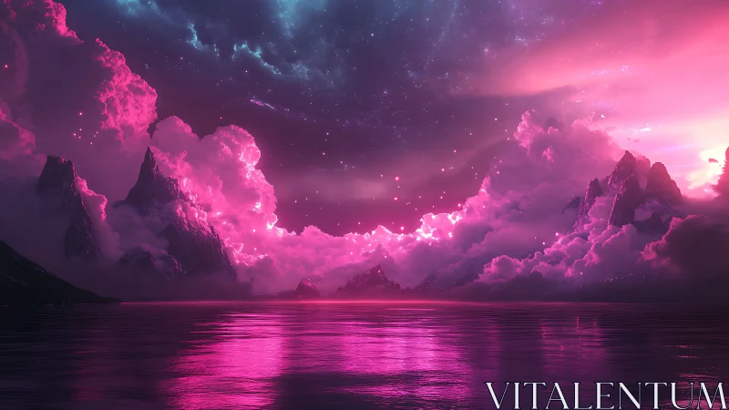 Neon celestial seascape with glowing magenta clouds.