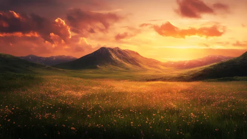 Sunlit wildflower valley cradled by glowing twilight peaks.