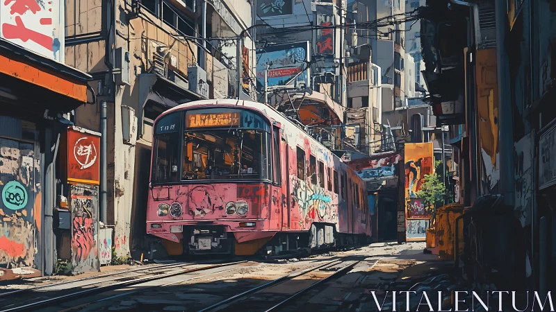 Graffiti pink tram glides through neon-choked urban canyon.