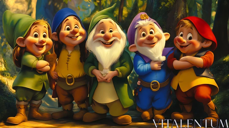 Smiling forest dwarfs stand together in warm evening light