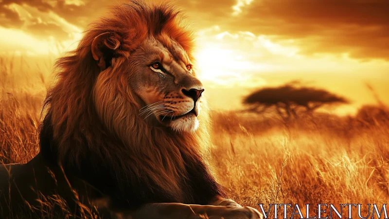 Golden savanna monarch lounging beneath firelit skies.