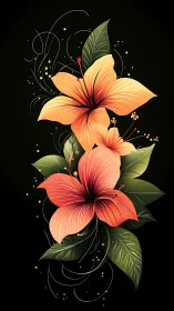 Radiant Hibiscus Blooms Dance with Elegant Decorative Swirls