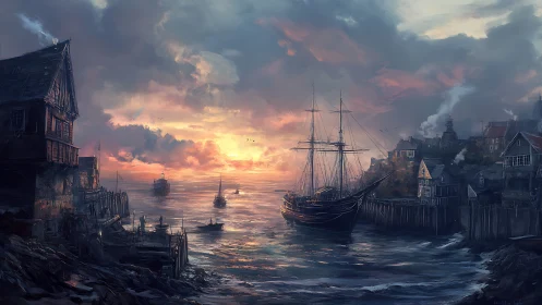 Dramatic sunset harbor with moored tall ship and coastal town