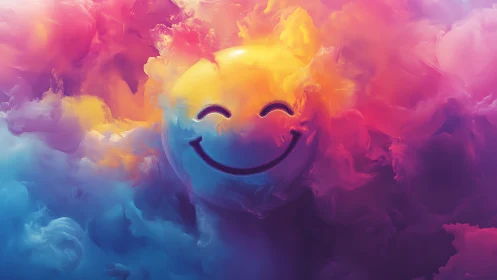 Smiling sun drifts through dreamy rainbow nebula clouds.