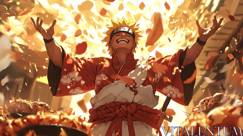 Anime figure in festival robe amid flame and petals.