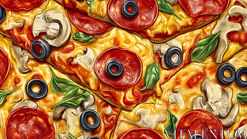 Cheesy pepperoni pizza slices loaded with colorful toppings.