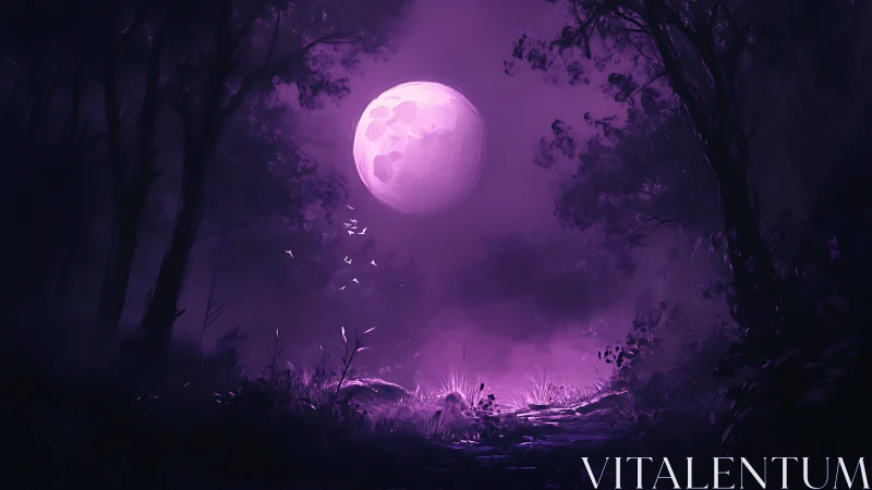 Enchanted violet moonlight bathes a misty midnight forest