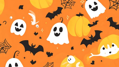 Playful ghosts and pumpkins float through a bright Halloween night